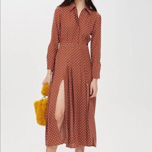Topshop Brown Cream Polka-Dot 3/4 Sleeve Front Button Pleated Slit Maxi Dress 2 - Picture 1 of 14